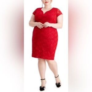 NWT Connected Plus Size Red Lace Metallic Sheath Short Sleeve Dress - Size 24